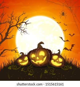 Halloween pumpkins with Moon on orange night background. Illustration can be used for children's holiday design, cards, invitations, banners. Holiday card with Jack O' Lanterns, bats and black spider.