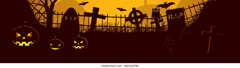 Halloween pumpkins with Moon on orange night in cemetery background. Vector illustration.