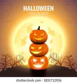 Halloween pumpkins with moonlight and trees background