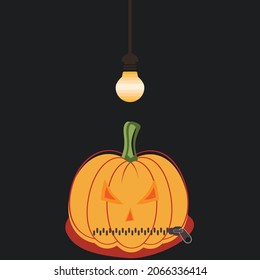 Halloween pumpkin's mouth zipped. Pumpkin's mouth with zipper closing mouth shut. Light bulb in the darkness. Concept of shut up, keeping quiet, scary face. Flat design.