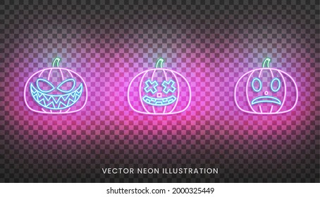 Halloween pumpkins neon sign. Set of bright Jack O Lantern for Halloween