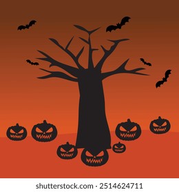 halloween pumpkins next to a tree on a colored background, halloween background