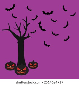 Calabazas de Halloween junto a un árbol en un fondo de color, fondo de Halloween