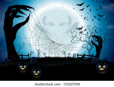 Halloween pumpkins night background with dark hands and spider web.Vector illustration.