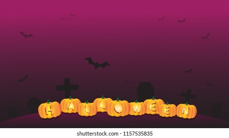 Halloween pumpkins night banner background,carving candles inside with bats,tombs,and empty space to put your text use for website or page.