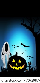 Halloween Pumpkins - Night blue color background - illustration