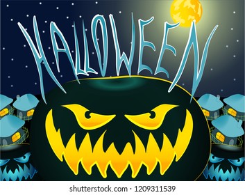 Halloween Pumpkins at night on the background of houses.