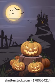 Halloween pumpkins at night. some Jack o'lanterns are placed near a tree stump, and In the background, some bats are flying around a castle.