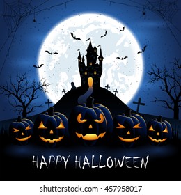 Halloween pumpkins and old castle on blue night background with full Moon, illustration.