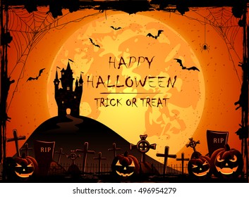 Halloween pumpkins and old castle on cemetery, orange night background with full Moon, illustration.