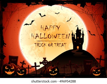 Halloween pumpkins and old castle on cemetery, night background with full Moon, illustration.