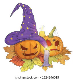 Halloween pumpkins on autumn leaves and candles
