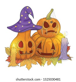 Halloween pumpkins on autumn leaves and candles