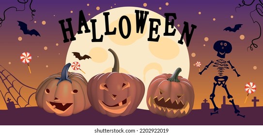Halloween, calabazas en el fondo de la luna grande. Vector.