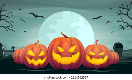 Halloween pumpkins on the background of a night cemetery. Vector.