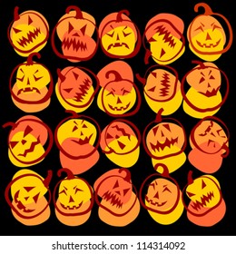 Halloween Pumpkins on Black Background, Vector Illustration