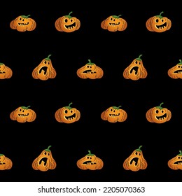 Halloween pumpkins on a black background. Vector seamless pattern.