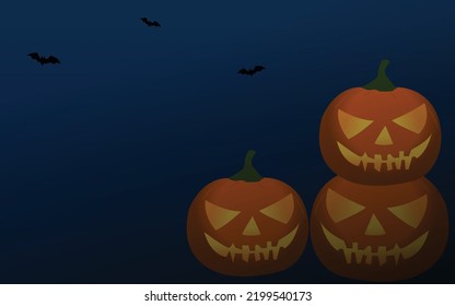 halloween pumpkins on blue gradient background with bats flying around, halloween poster