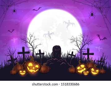 Halloween pumpkins on cemetery. Purple night background. Card with Jack O' Lanterns, ghosts, bats and spiders. Illustration can be used for children's holiday design, cards, invitations and banners.