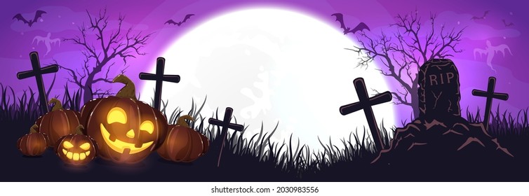 Halloween pumpkins on cemetery. Purple night background. Banner with Jack O' Lanterns, ghosts, bats and spiders. Illustration can be used for children's holiday design, cards, invitations and banners.