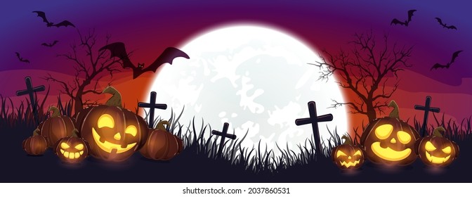 Halloween pumpkins on cemetery. Purple night background. Banner with Jack O' Lanterns and bats. Illustration in cartoon style can be used for children's holiday design, cards, invitations and banners.