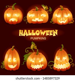 Halloween Pumpkins on a dark background glow. The emotions of pumpkins. Glow from the inside. Night background. Halloween banner