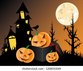 Halloween pumpkins on dark box. illustration.