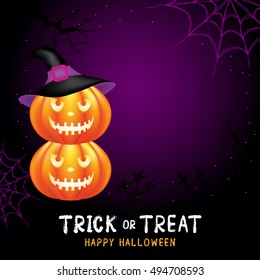 Halloween pumpkins on dark purple background. Illustration can be used as a greeting card, poster banner or print.