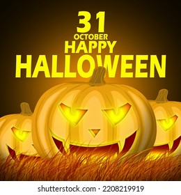 Halloween-Kürbis auf dem Gras mit feinem Text auf dunklem Hintergrund, um Happy Halloween Day am 31. Oktober zu feiern
