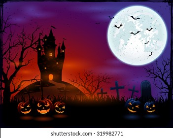 Halloween pumpkins on graveyard with dark castle and Moon, illustration.