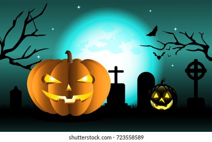 Halloween with pumpkins on graveyard in full moon background.Vector Illustration