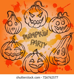 Halloween pumpkins on orange background. Vector illustration. Perfect for invitations, greeting cards, print, banners, poster for textiles, fashion design.