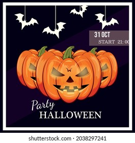 Halloween. Pumpkins on a postcard. Party. Beginning in. Trick or treat. Feast of the Dead. Lilac background. Cartoon. Ominous design. Holiday . Stock Vector Illustration.Bats. Happy. Funny character.