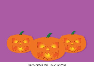 halloween pumpkins on a rough ground with lilac sky in the background, halloween background