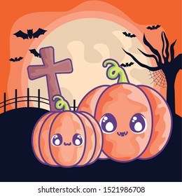 halloween pumpkins on halloween scene vector illustration design