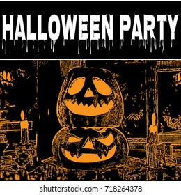 Halloween pumpkins on a table with candles for a holiday. Vector illustration of a postcard or a poster for the world holiday of All Saints which is celebrated on October 31