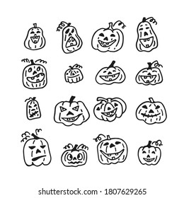Calabazas de Halloween con fondo blanco. Dibujado a mano. Estilo Doodle. Ilustración vectorial.  Elemento de diseño para colorear libro, estirador, imán, volante, afiche, folleto.