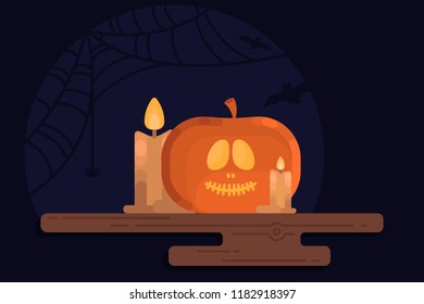 Halloween. Halloween Pumpkins on wood with candles. 
