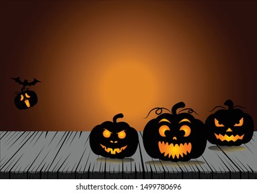 Halloween Pumpkins On Wood In A Spooky Forest At Night