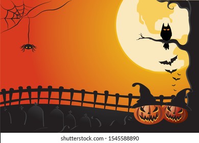 Halloween pumpkins on yellow Moon background, vector