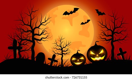 Halloween pumpkins with orange Moon background.vector illustration.