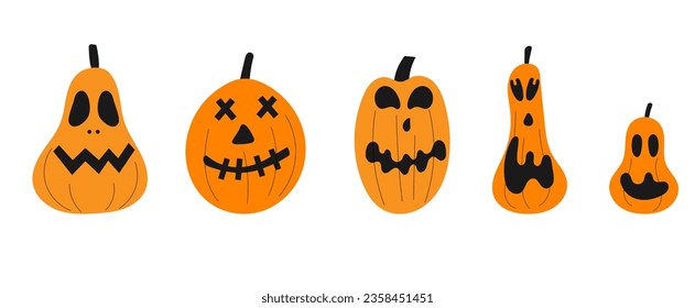Halloween pumpkins. Orange pumpkin jack lantern characters. Spooky and angry carved faces for autumn holiday .