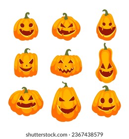 Halloween pumpkins. Orange pumpkin jack lantern characters. Spooky and angry carved faces for autumn holiday greeting card. isolated on white. vector Illustration. EPS10
