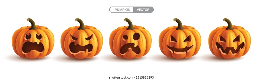 Halloween pumpkins orange set vector design. Pumpkins halloween in orange collection isolated in white background for horror celebration elements. Vector illustration spooky and creepy pumpkins.
