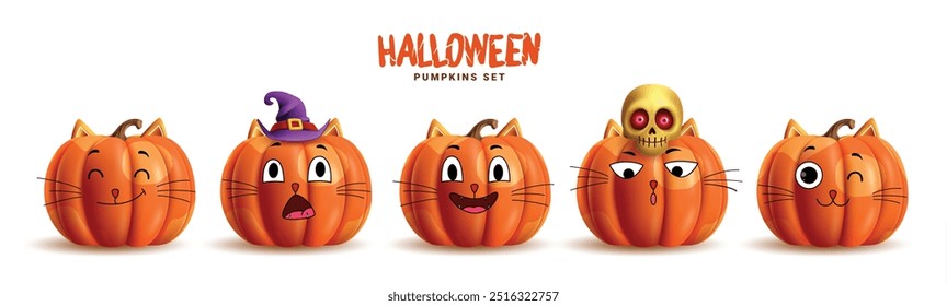 Halloween abóboras laranja vetor conjunto design. Abóboras laranja gato personagens coleção com bonito, engraçado e impertinente expressão facial isolado fundo branco. Ilustração vetorial de abóboras de gato feliz 