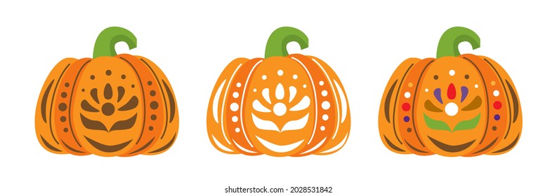 Halloween pumpkins with ornament in boho style. 