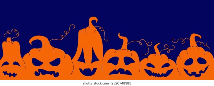 Halloween pumpkins outline icon. Spooky carved faces, autumn decoration, creepy celebration, jack-o-lanterns, horror, eerie, holiday fun.