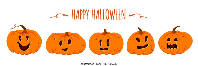 Halloween pumpkins paper cut set. Different shapes squash with carved cute faces emotion. Sign creepy funny cute cutting pumpkin smile. Decor for October horror party invitation. Vector illustration