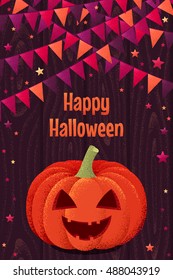 Halloween pumpkins with party flags, stars and wooden texture. Retro vector illustration. Place for your text. Design for poster, invitation, card, banner, flyer