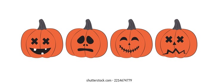 Halloween Pumpkins. Party poster. Set pumpkins of collection scary and funny carnival background concept design. lighting jack o'lanterns in white, different variations of facial emotions.